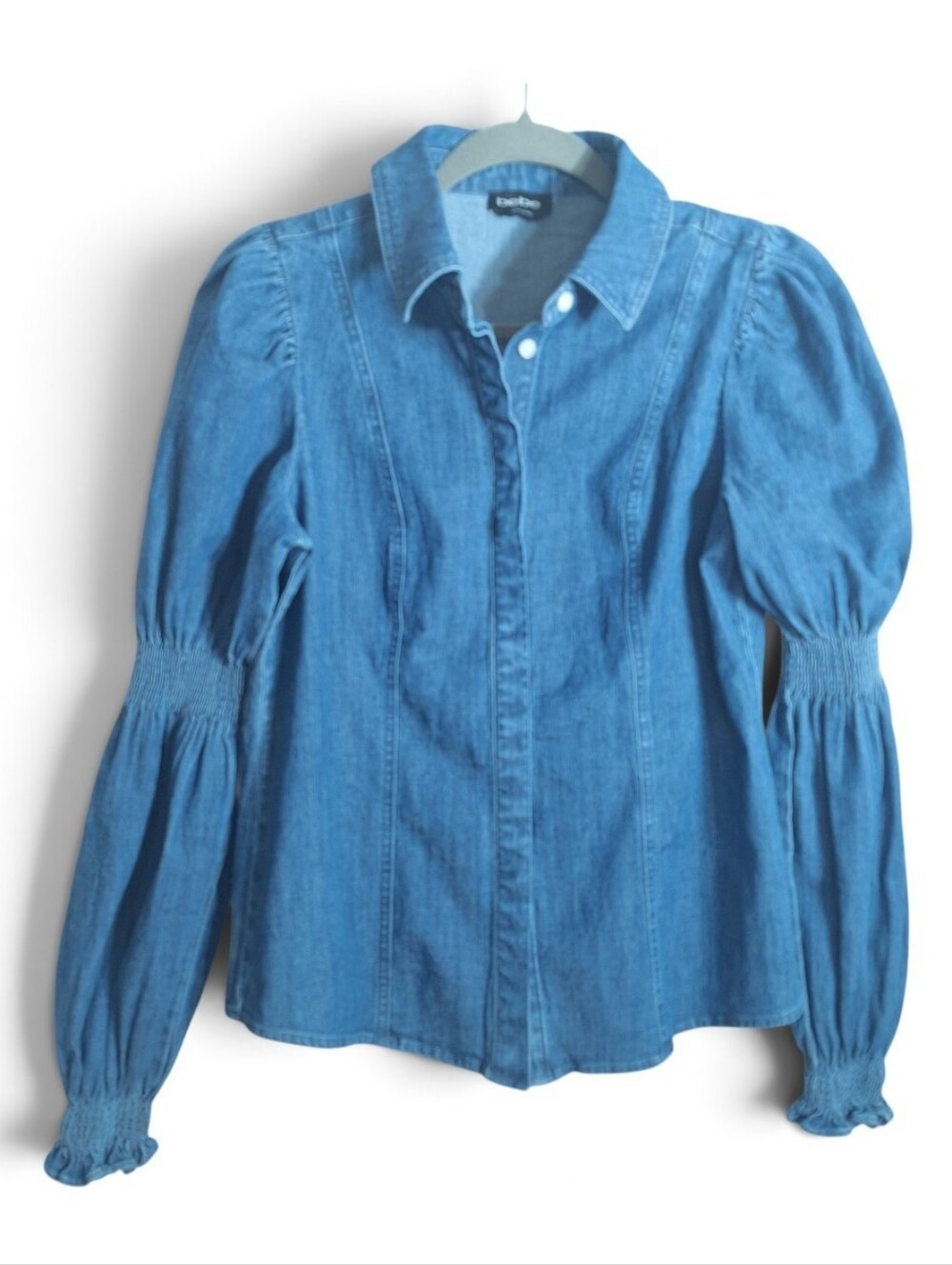 Bebe Denim Puff Sleeve Button Up Blouse Renaissance Cottagecore Size 4 Womens